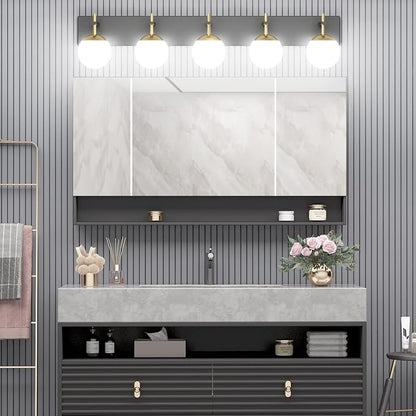 Ralbay Mid Century Modern Vanity Lights - 5-Light Milky Glass Globe Modern Bathroom Vanity Lights Over Long Mirror, Black/Golden Bathroom Wall Light Fixture