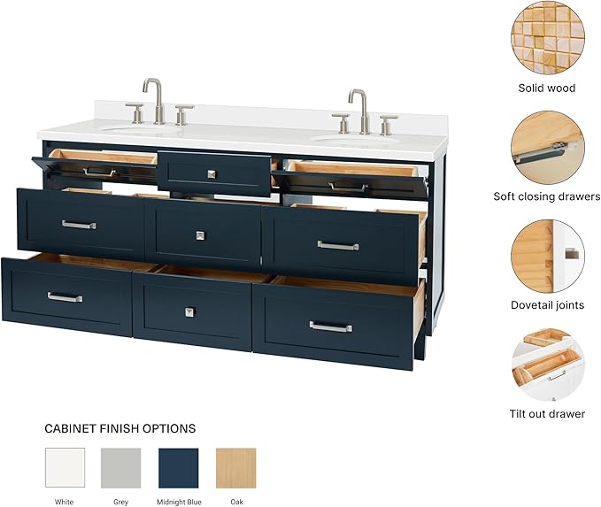 ARIEL Monroe 72-inch Bathroom Vanity with Sink,Solid Wood, 1.5-inch Pure White Quartz Countertop & Backsplash, Double Rectangular Porcelain Sink, 9 Dovetail Drawers, Brushed Nickel, Midnight Blue