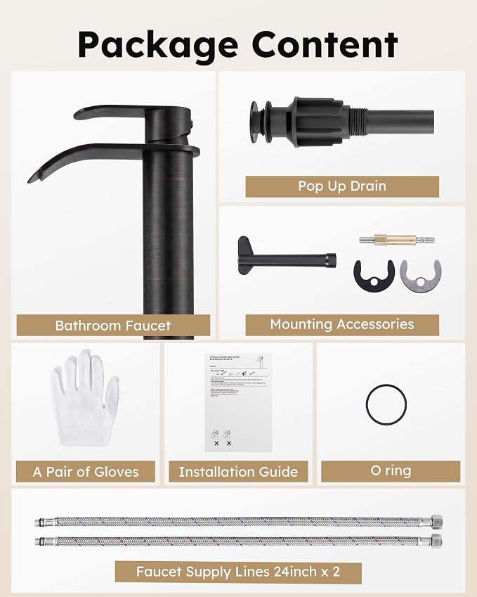 Vessel Sink Faucet Oil Rubbed Bronze：WOWOW Single Handle Tall Bathroom Faucet - Waterfall Single Hole Mixer Bar Tap with Large Rectangular Spout, Deck Mount Lavatory Vanity with Pop Up Drain
