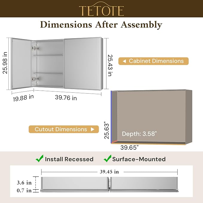 TETOTE 40 x 26 Bathroom Mirror Cabinet with Tempered Beveled MirrorSilverMedicine Cabinet Aluminum Cabinet DTC Hinges, Stepless Adjustable Shelves, Recessed/Surface-Mounted