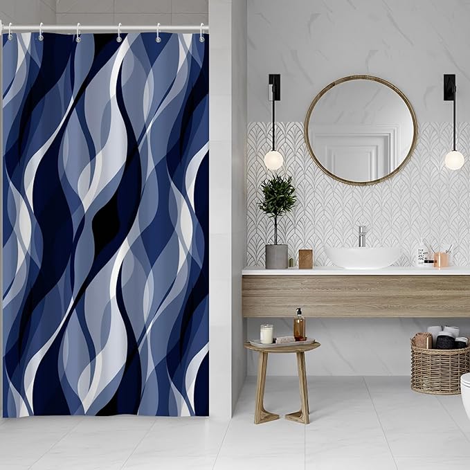 Navy Blue Shower Curtain, Black and Blue Striped Shower Curtain Set for Bathroom Modern Waterproof Bathroom Decor with Hooks, 48x72 Inch