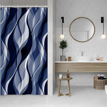 Navy Blue Shower Curtain, Black and Blue Striped Shower Curtain Set for Bathroom Modern Waterproof Bathroom Decor with Hooks, 48x72 Inch