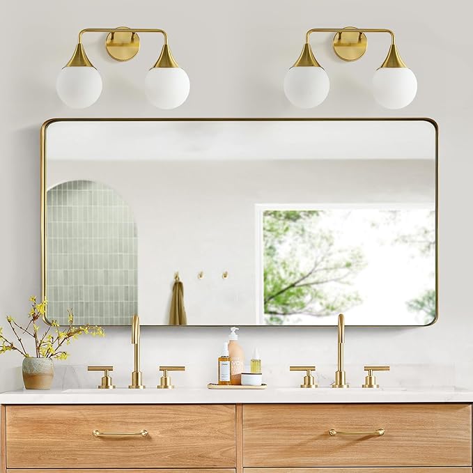 Bathroom Vanity Light Fixtures: 2-Light Mid Century Farmhouse Bathroom Lighting Fixtures Over Mirror - Brushed Gold Wall Sconce with Frosted Globe Glass for Hallway Restroom
