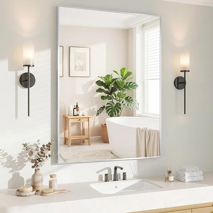 Koonmi White Rectangle Wall Mirror, 30x36 Inch Bathroom Mirror, Aluminum Frame Vanity Mirror for Entryway, Living Room, Bedroom Bathroom, Hangs Horizontally or Vertically