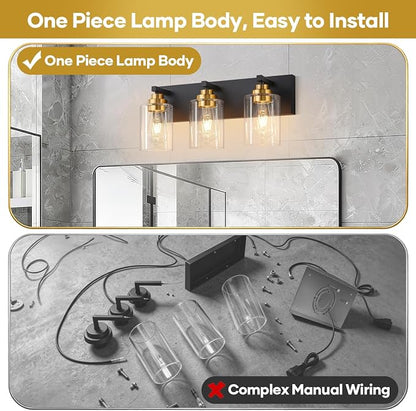 Vanity Lights for Bathroom, 3-Light Black and Gold Bathroom Vanity Light Over Mirror with Clear Glass Shades, Modern Bathroom Light Fixtures for Living Room Hallway Cabinet (Bulbs Not Included)