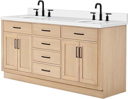 ARIEL Hepburn 72-inch Bathroom Vanity with Sink,Solid Wood, 1.5-inch Pure White Quartz Countertop & Backsplash, Double Oval Porcelain Sink, 4 Soft Closing Doors, 6 Dovetail Drawers, White Oak