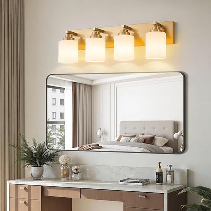 Vanity Lights for Bathroom, 4-Light Brushed Gold Bathroom Vanity Light Over Mirror with Milky White Glass Shades, Modern Bathroom Light Fixtures for Living Room Hallway Cabinet (Bulbs Not Included)