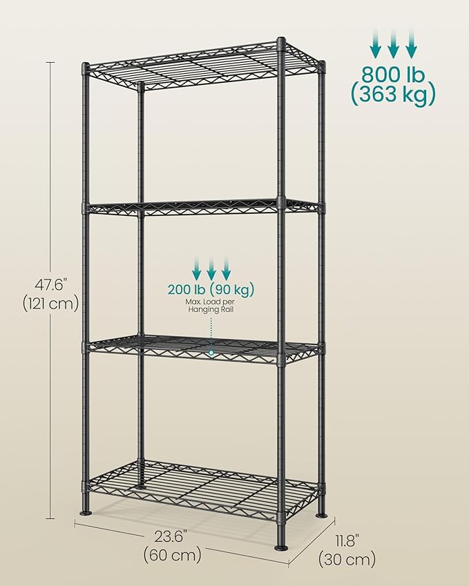 SONGMICS Storage Shelf, Metal Wire Shelving Unit, Adjustable Shelves, for Garage, Bedroom, Living Room, Kitchen, Pantry, 4 Tier, 11.8 x 23.6 x 47.6 Inches, Ink Black ULGR164BH01S