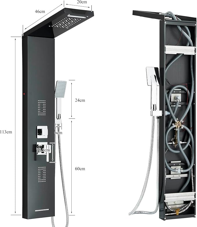 Shower Tower Panel System with LED Rainfall Shower Head, Stainless Steels Shower Tower System 2-in-1 Body Jets,Handheld Showerhead,Bathtub Filler Black-8127