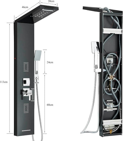 Shower Tower Panel System with LED Rainfall Shower Head, Stainless Steels Shower Tower System 2-in-1 Body Jets,Handheld Showerhead,Bathtub Filler Black-8127