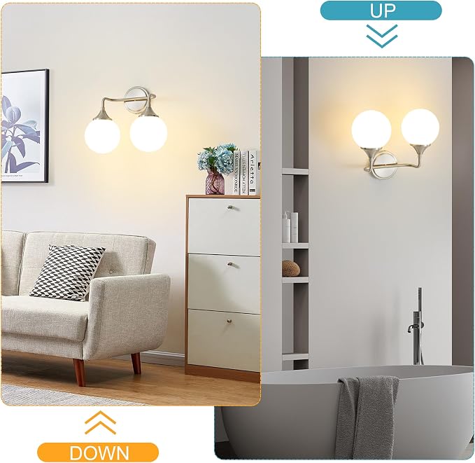 Brushed Nickel Bathroom Light Fixtures Over Mirror Vanity 2-Light | Mid Century Modern Brushed Nicke Wall Sconce with Milky White Glass Ball Shades for for Bathroom Dressing Table Bedroom