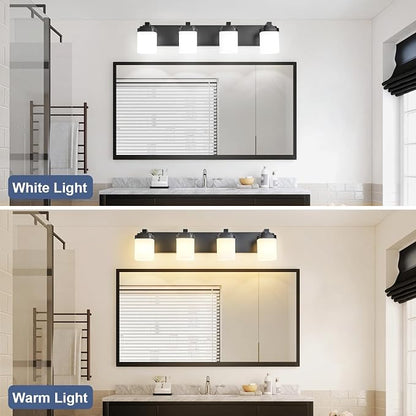 Bathroom Vanity Lights, Modern Bathroom Light Fixtures Over Mirror | 4-light black light fixture bathroom with milky white square glass shade, 29" farmhouse lighting fixtures lights for wall