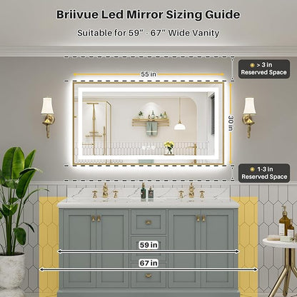 55x30 Inch LED Bathroom Mirror with Gold Frame, Backlit & Front Lit, Anti-Fog Lighted Bathroom Vanity Mirror for Wall, Memory Function, Dimmable, HD Tempered Glass, Shatter-Proof