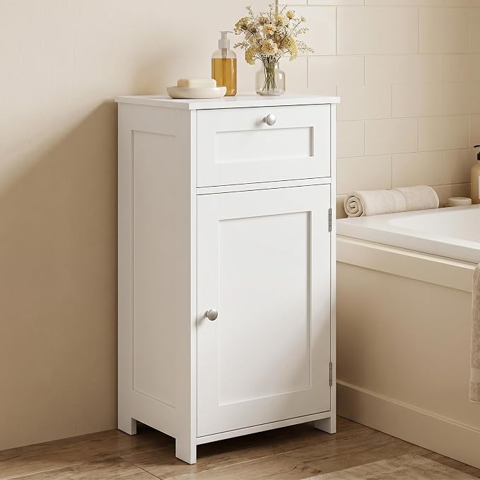 GIANTEX Floor Bathroom Storage Cabinet with Door and Drawer (White) | Freestanding Cabinet with Adjustable Shelf, Anti-tipping Device, Storage Organizer for Bathroom, Living Room, Bedroom