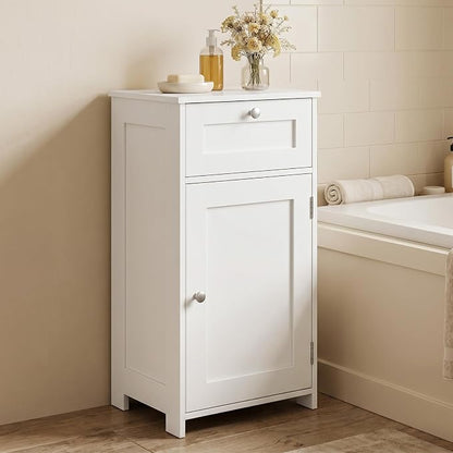 GIANTEX Floor Bathroom Storage Cabinet with Door and Drawer (White) | Freestanding Cabinet with Adjustable Shelf, Anti-tipping Device, Storage Organizer for Bathroom, Living Room, Bedroom