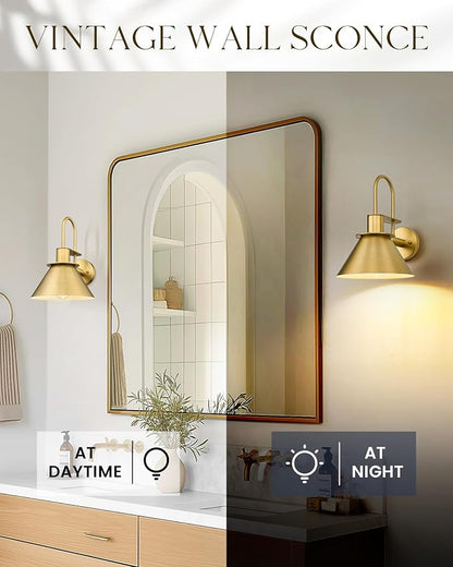 Brass Wall Sconce, HWH Modern Wall Light Sconces for Bedroom Bathroom, 1-Light Indoor Wall Light Fixtures with Metal Shade, White Interior, Gold Finish, 5HZG56BL BG