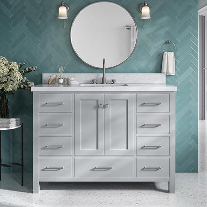 Beckford 48-Inch Bathroom Vanity with Sink — Grey Single Sink Bathroom Vanity, 1.5" Edge Italian Carrara Marble Top, Solid Wood, 2 Soft-Close Doors, 9 Dovetail Drawers