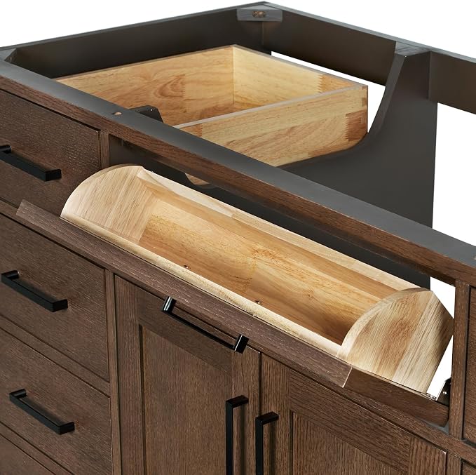 ARIEL Hepburn 54-inch Bathroom Vanity Base Cabinet,Solid Wood, 2 Soft Closing Doors, 9 Dovetail Drawers, Brown Oak