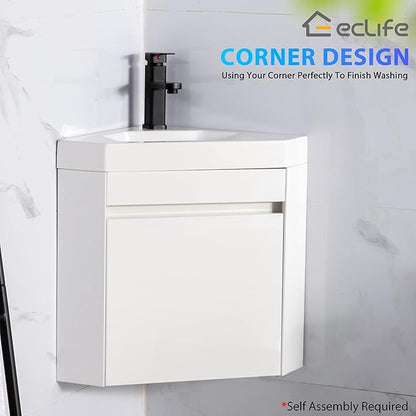 eclife 22" Corner Bathroom Vanity Sink Combo for Small Space Wall Mounted Floating Cabinet with White Resin Sink and Matte Black Faucet, White
