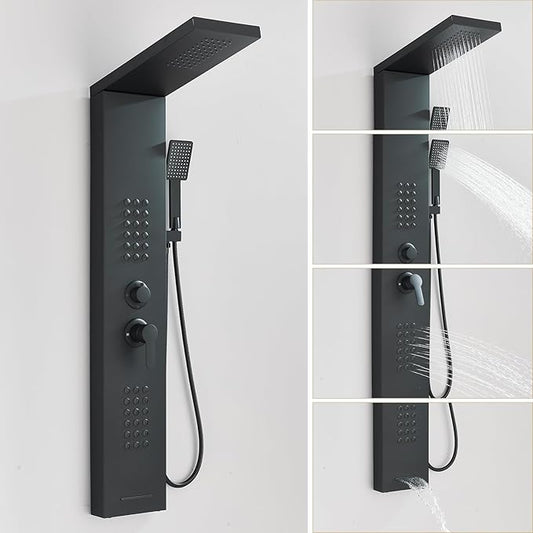 Black Shower Panel Modern Shower Tower System with Full Body Shower Jets System Handheld Spray Wall Mount Shower Panels Faucet