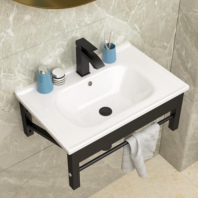 Lordear Wall Mounted Bathroom Sink with Towel Rack 24 x 16 Inch Modern Black Wall Hung Sink for ADA Bathrooms, Rectangular One Hole Porcelain Vanity Sinks