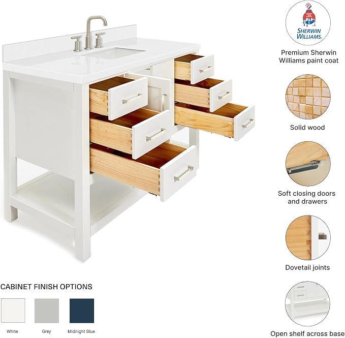 DKB Olivia 48-Inch White Bathroom Vanity with Sink, 1.5-Inch Carrara Quartz Countertop & Backsplash, Rectangular Undermount Sink, 2 Soft-Closing Doors, 6 Dovetail Drawers, Brushed Nickel