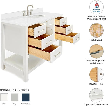 DKB Olivia 48-Inch White Bathroom Vanity with Sink, 1.5-Inch Carrara Quartz Countertop & Backsplash, Rectangular Undermount Sink, 2 Soft-Closing Doors, 6 Dovetail Drawers, Brushed Nickel