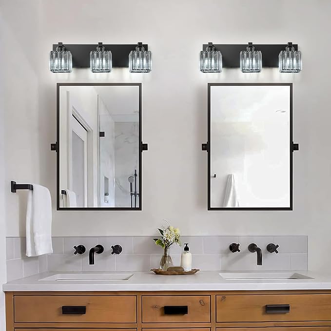 Black Vanity Light, 19.7" Modern Crystal Bathroom Light Fixtures Over Mirror 3-Light Bathroom Vanity Light