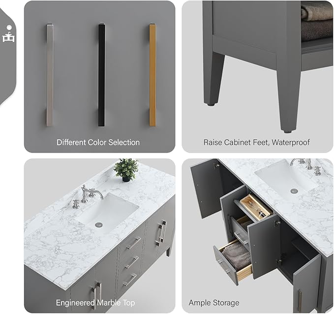 Vanity Art 60 inch Bathroom Vanity with Single Sink & Ceramic Top, Vanity Cabinet with Soft-Closing Doors, Drawers, Solid Wood Frame, Cashmere Gray, VA9060-SG-BN1