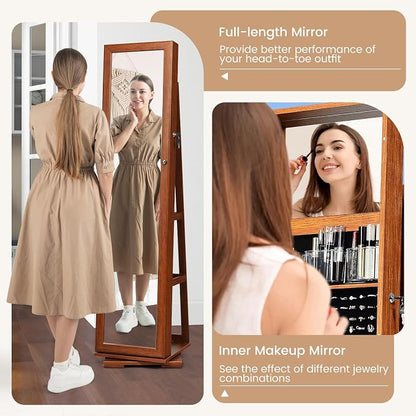 GOFLAME 360° Rotating Jewelry Armoire, Lockable Jewelry Cabinet with Full-Length Mirror & Inner Makeup Mirror, Standing Jewelry Storage Organizer with Rear Storage Shelves, Walnut