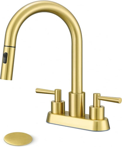 Bathroom Faucet with Pull Out Sprayer, 3 Holes Pull Down Gold Faucet | Stainless Steel Lead-Free, 4 Inch Centerset Vanity Faucet, 2 Handle, 3 Hole Gold Faucet for RV Laundry Restroom