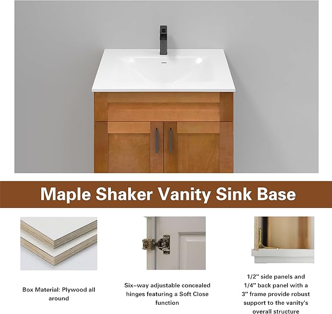36” Maple Shaker Bathroom Vanity Base – Ready-to-Assemble Sink Cabinet, Freestanding Bathroom Vanity Base Only, No Top or Sink