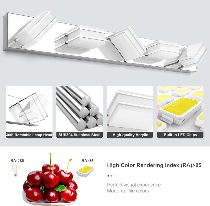 GOODATE 3 Color Temperature Dimmable Vanity Lighting Fixtures, LED Chrome 5 Light Bathroom Vanity Light, Acrylic Stainless Steel Square Shade Vanity Lights for Bathroom, ETL Certificated