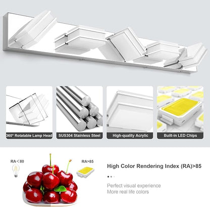 GOODATE 3 Color Temperature Dimmable Vanity Lighting Fixtures, LED Chrome 5 Light Bathroom Vanity Light, Acrylic Stainless Steel Square Shade Vanity Lights for Bathroom, ETL Certificated