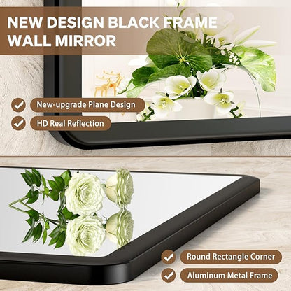 pertetey 72 x 32 in Rounded Rectangle Bathroom Mirror | Black Metal Frame, Tempered Glass, Wall Mounted