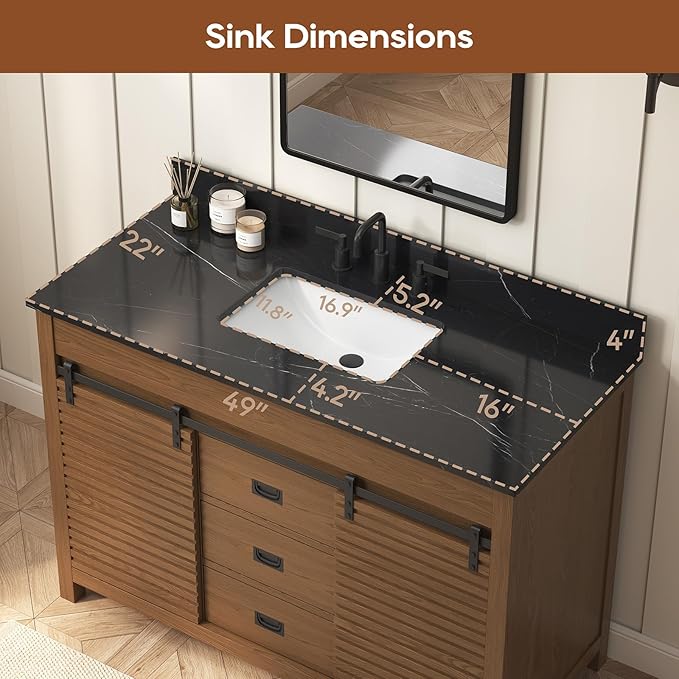 48 Inch Bathroom Vanity with Sink, Farmhouse Solid Wood Frame Vanity with Sink, Sliding Barn Door Bathroom Storage Cabinet with Soft-Closing Dovetail Drawers, Brown Oak
