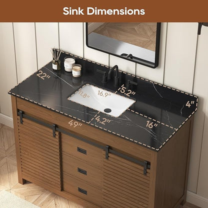 48 Inch Bathroom Vanity with Sink, Farmhouse Solid Wood Frame Vanity with Sink, Sliding Barn Door Bathroom Storage Cabinet with Soft-Closing Dovetail Drawers, Brown Oak