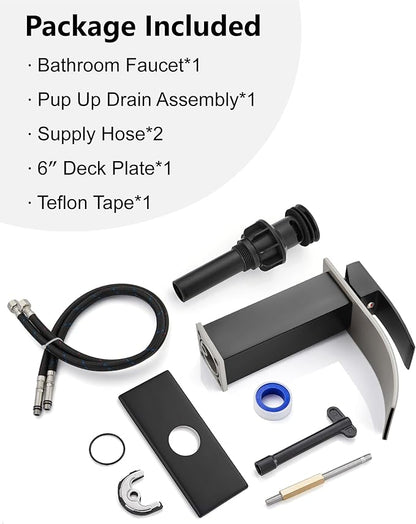 Midanya Bathroom Faucet with Waterfall Spout, Single Hole or 3-Hole Deck Mount, 304 Stainless Steel Sink Faucet with Pop-Up Drain, RV Vanity Compatible,Brushed Nickel Spout/Matte Black