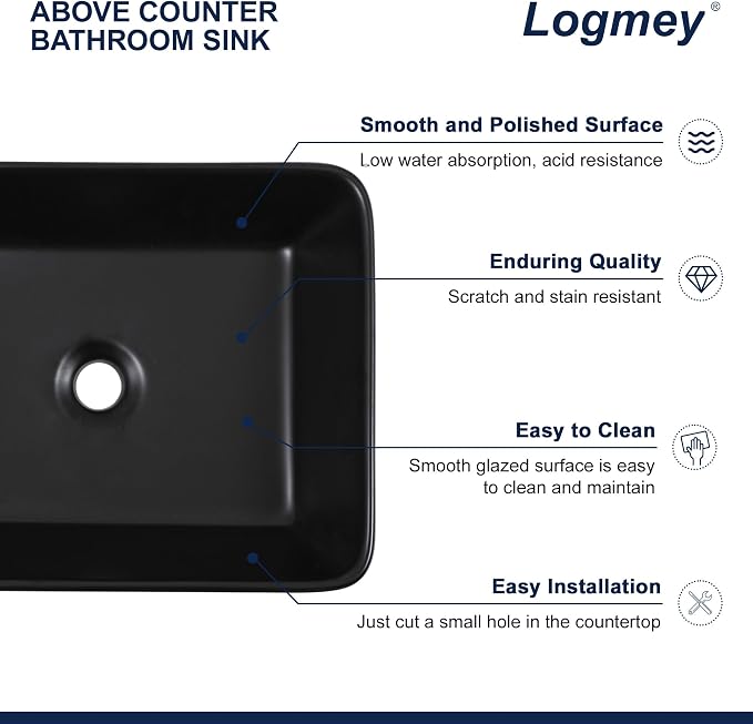Logmey 19x15 Inch Black Vessel Sink | For RV Bathroom Rectangle Porcelain Ceramic Modern Countertop Above Counter Bathroom Large Vanity Art Basin