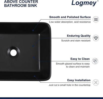 Logmey 19x15 Inch Black Vessel Sink | For RV Bathroom Rectangle Porcelain Ceramic Modern Countertop Above Counter Bathroom Large Vanity Art Basin