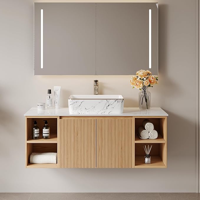 48" Floating Bathroom Vanity with Sink, Modern Vanity Cabinet with Sintered Stone Countertop, Wall Mount Bathroom Sink with Storage, Ceramic Basin, Light Wood