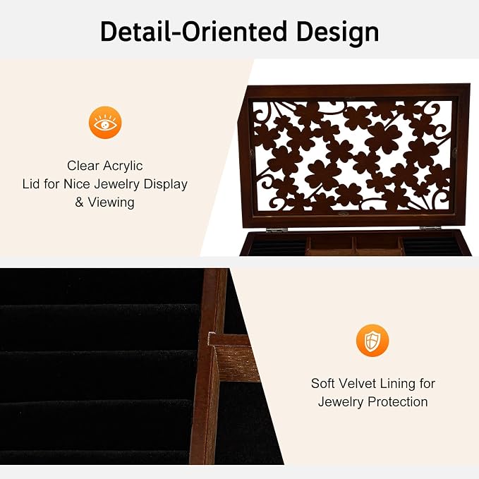 Extra Large Four-Leaf Carved 6 Layers Wooden Jewelry Box Jewelry Case Cabinet Armoire Ring Necklacel Gift Storage Box Organizer (Brown)
