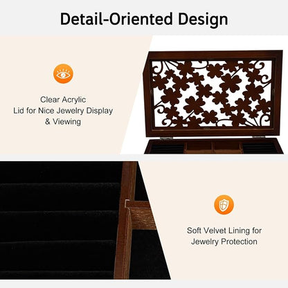 Extra Large Four-Leaf Carved 6 Layers Wooden Jewelry Box Jewelry Case Cabinet Armoire Ring Necklacel Gift Storage Box Organizer (Brown)