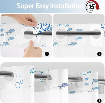 No Hook Shower Curtain and Liner Set, Orange Beach Coastal 71x84 | Nautical Ocean for Bathroom, with Snap in Liner Replacement, Mesh Top Window, Waterproof, Machine Washable, Quick-Drying