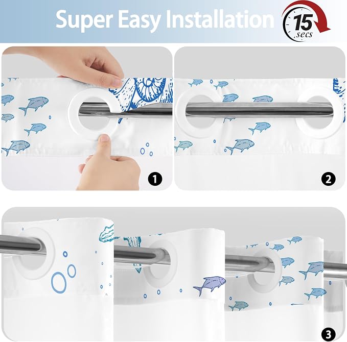 No Hook Shower Curtain and Liner Set, Orange Beach Coastal 71x74 | Nautical Ocean for Bathroom, with Snap in Liner Replacement, Mesh Top Window, Waterproof, Machine Washable, Quick-Drying