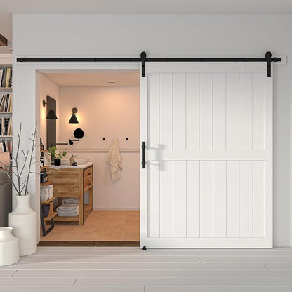 60''x 84'' Sliding Barn Door with 10 Ft Barn Door Hardware Kit | Pre-Drilled Holes Easy Assembly - Include Installation Manual, Water-Proof PVC Surface, H-Frame, White