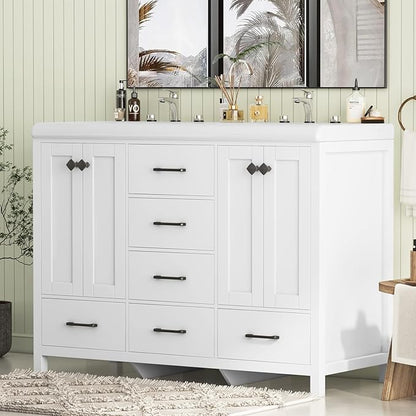 48" Bathroom Vanity with Sink Combo, Modern Bathroom Storage Cabinet with Double Sink Ceramic, 4 Doors and 5 Drawers, Space-Saving Storage Cabinet, White