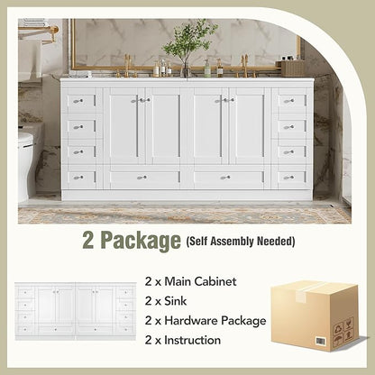 Harper & Bright Designs 72" Bathroom Vanity Set with Double Sink, Vanity Cabinet with 4 Cabinet Doors and 8 Drawers, Modern Design Solid Wood Bathroom Cabinet with Ceramic Basin for Bathroom, White
