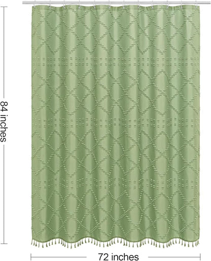 Sage Boho Woven Fabric Shower Curtain with Tassel 72 x 84, Tufted Textured | Modern Farmhouse Curtain for Bathroom, Extra Long Bathroom Curtain, Minimalist Decor, Waterproof