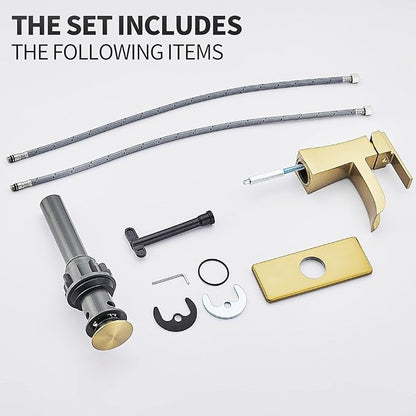 Brushed Gold Bathroom Sink Faucet, Sanliv Single Hole Waterfall Bathroom Faucet for 1 or 3-Hole Sinks (4 Inch Centerset) One Handle Vanity Faucets with Pop Up Drain, Champagne Bronze